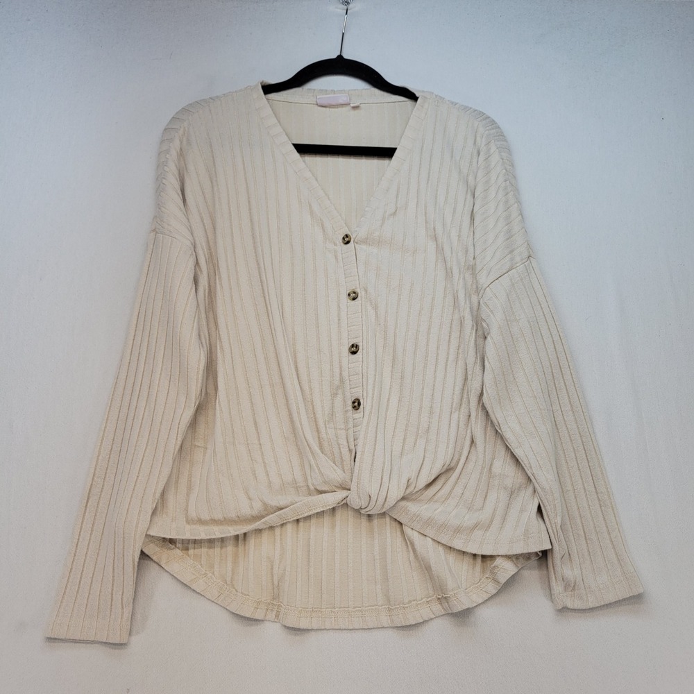 So Ribbed Top Womens Large Cream Twist Front V-Neck Long Sleeve Button Shirt